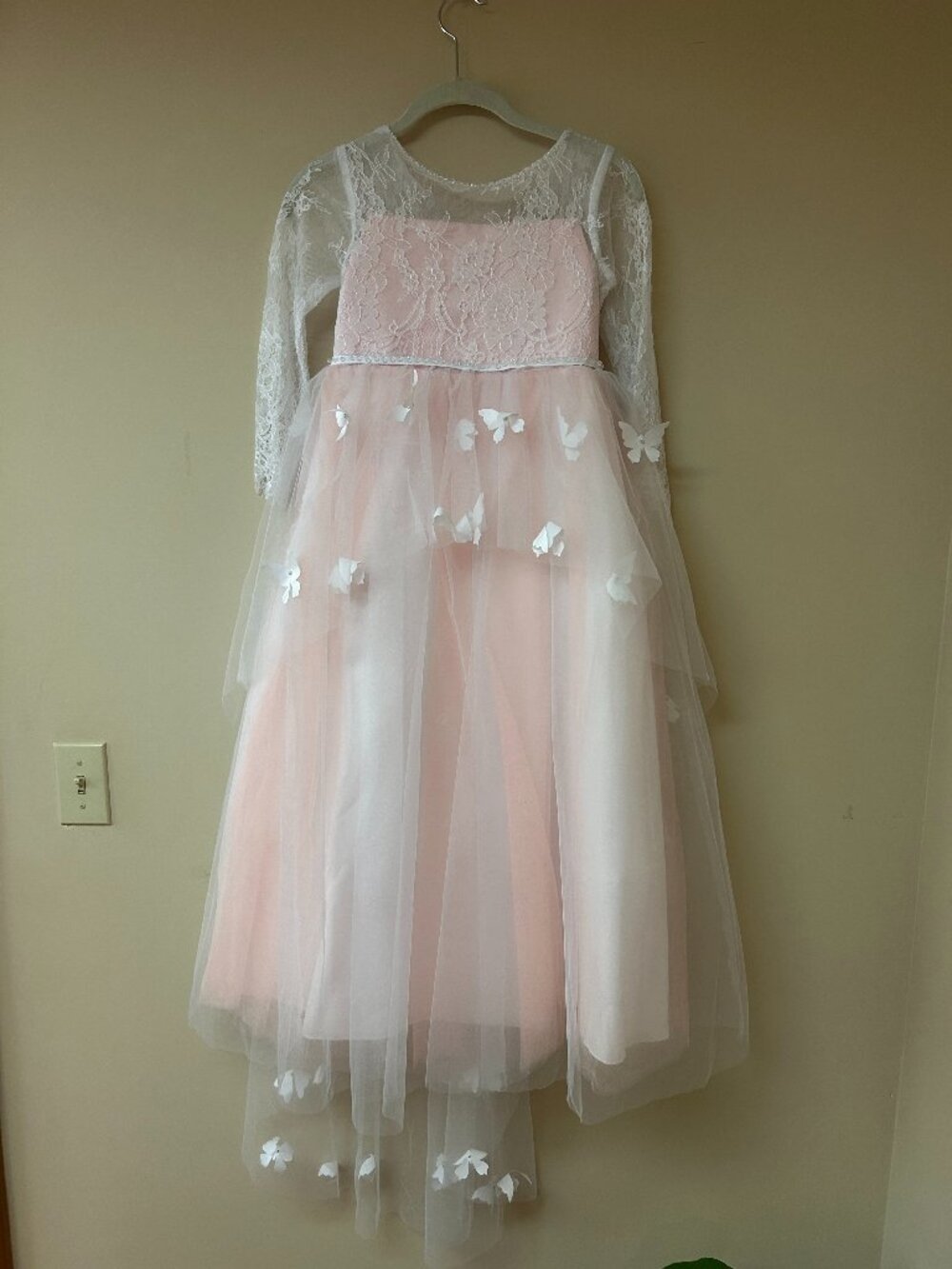 Girls Blush Pink Butterfly Tulle Lace Formal Maxi Dress Size 8-9Y